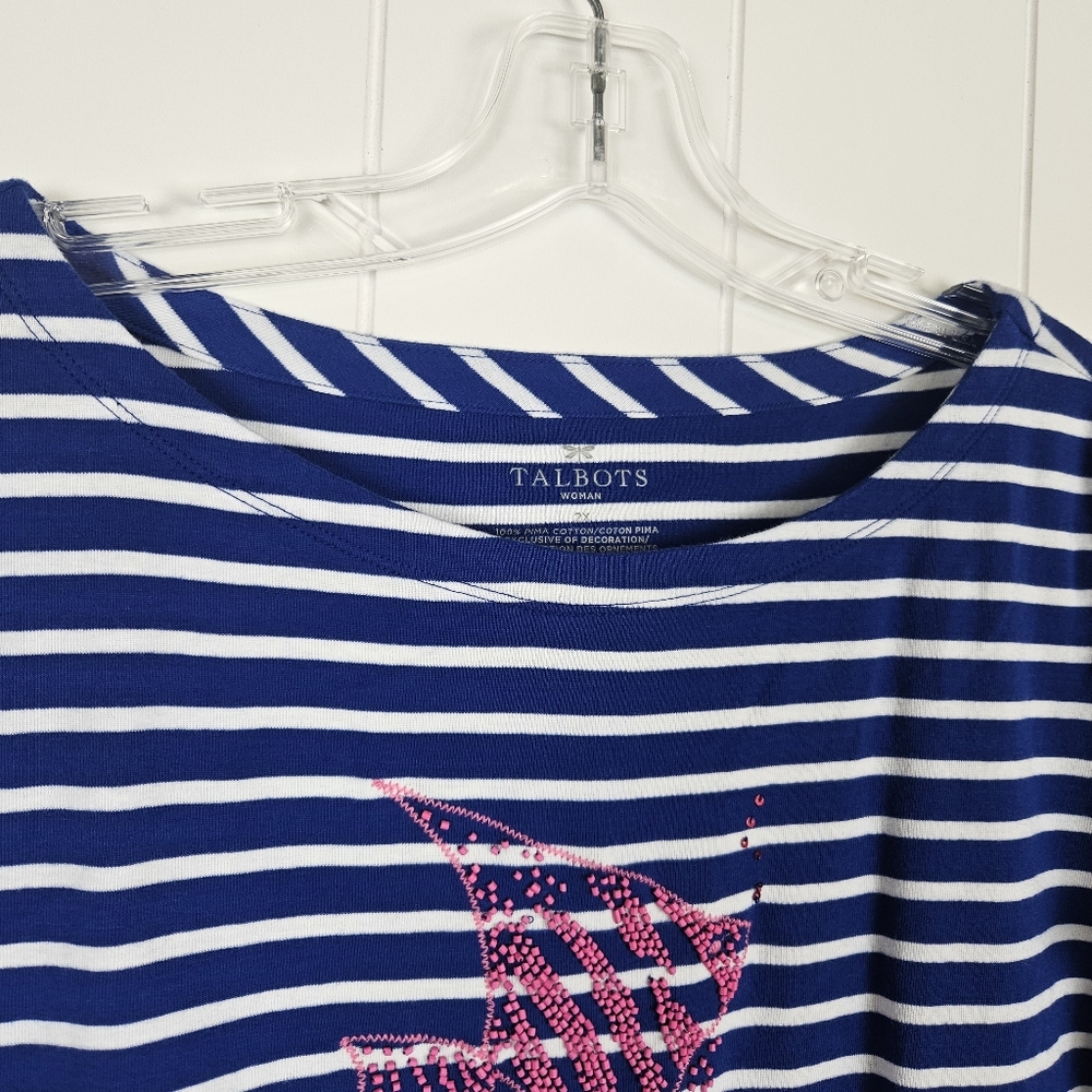 Talbots Short Sleeve Shirt Blue White Stripe Beaded Pink Fish Coastal Beach 2x - Picture 2 of 6